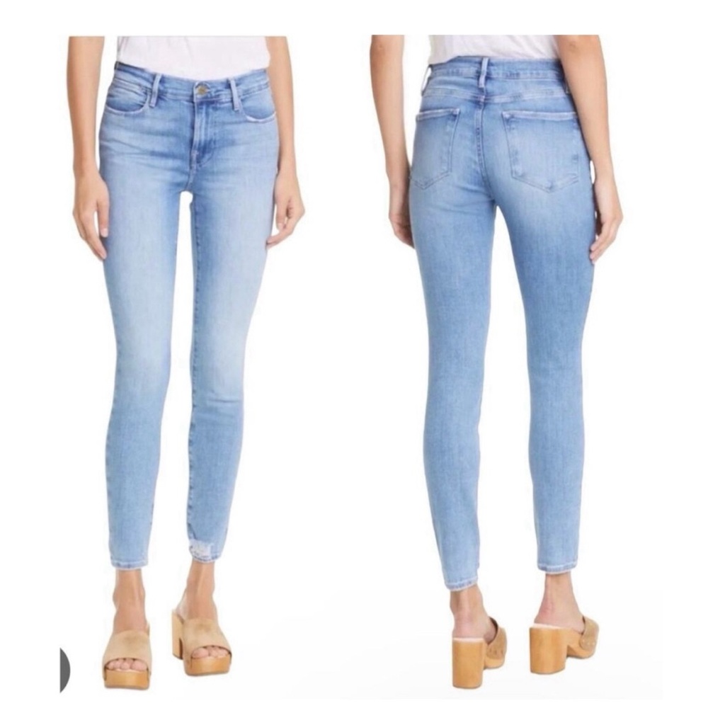 Frame Denim Blue Cropped Ankle Jeans with Distressed Detail